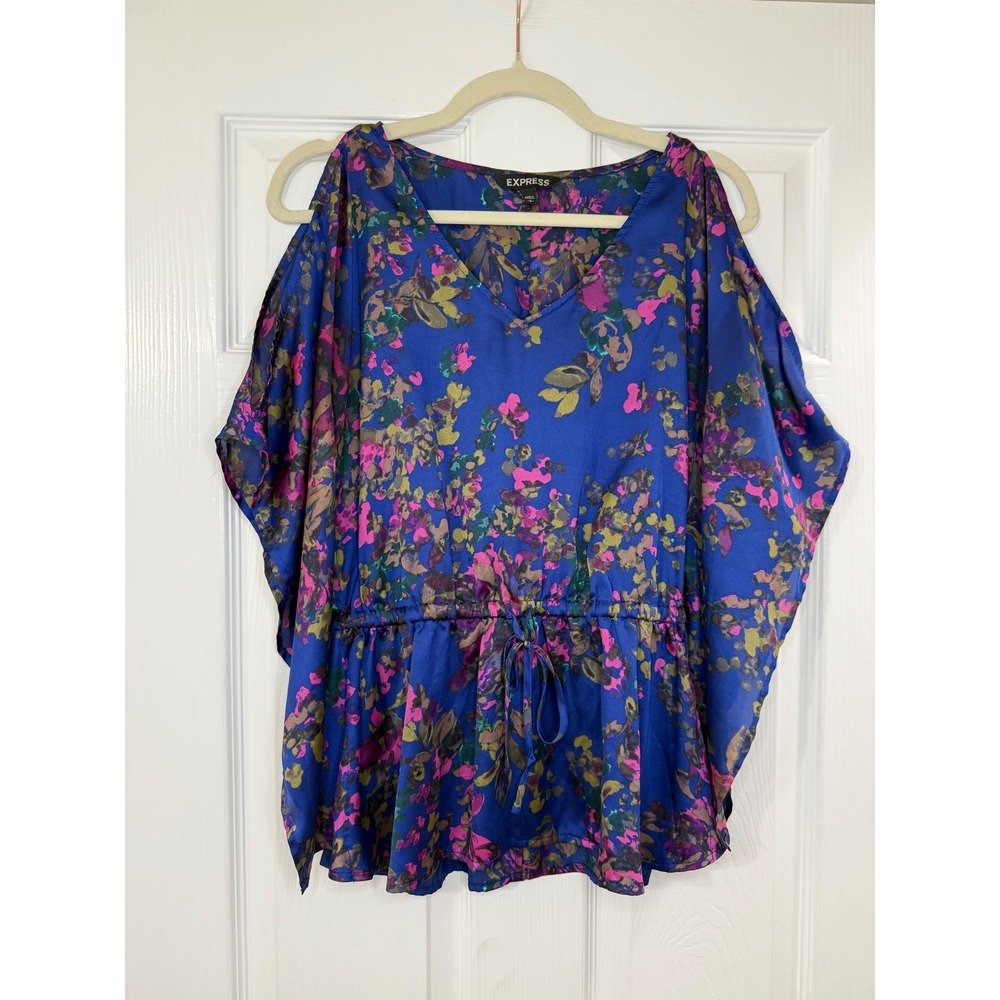 Express Cold Shoulder Floral Blouse Womens Small Blue Satin Peplum Top Excellent